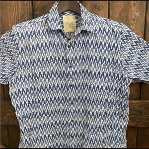 Tasso Elba Island Blue White Ikat Button-Front Shirt Men’s L Linen Cotton Casual